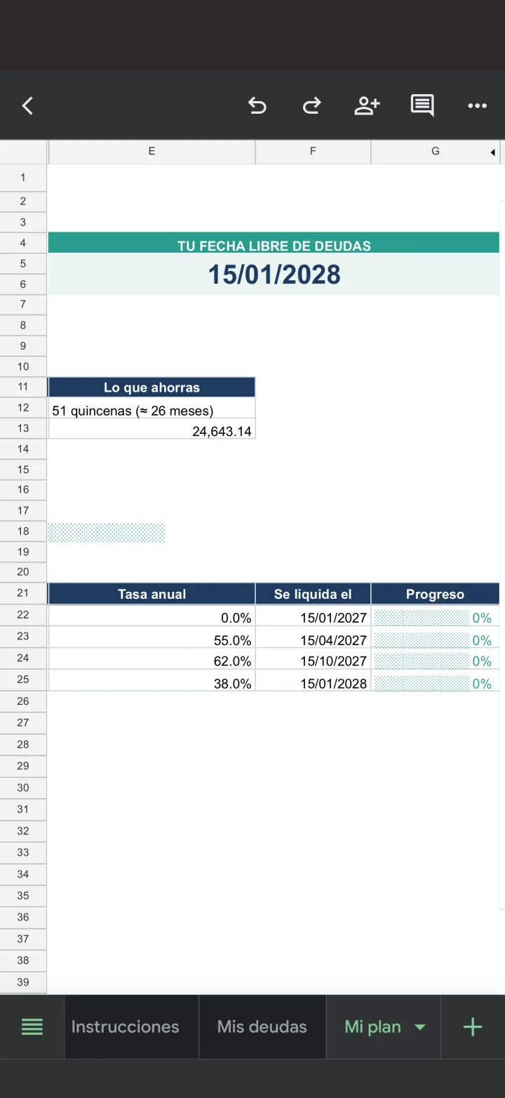 La pestaña Mi plan en la app de Google Sheets del celular